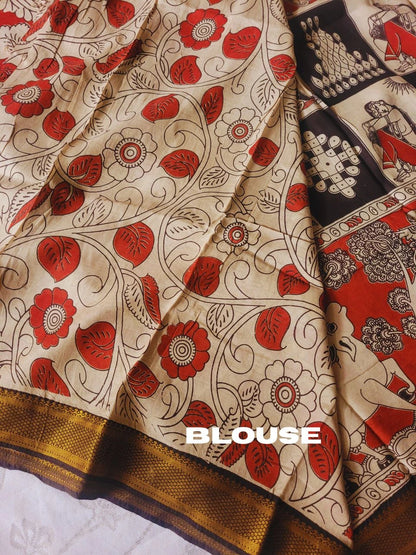 Kalamkari chennur silk saree with zari border -gudiya