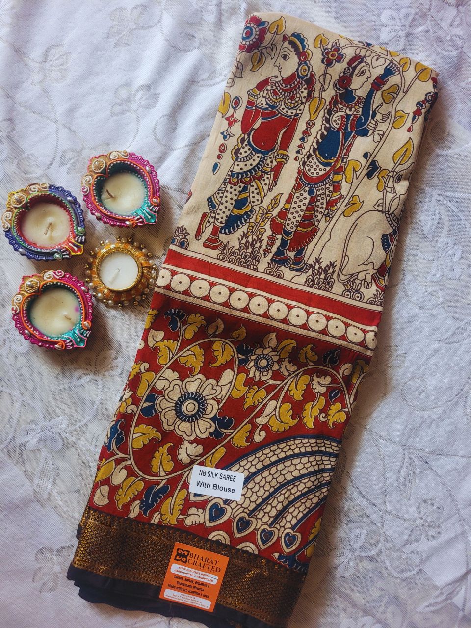 Kalamkari beige chennur silk saree with zari border - Gatha