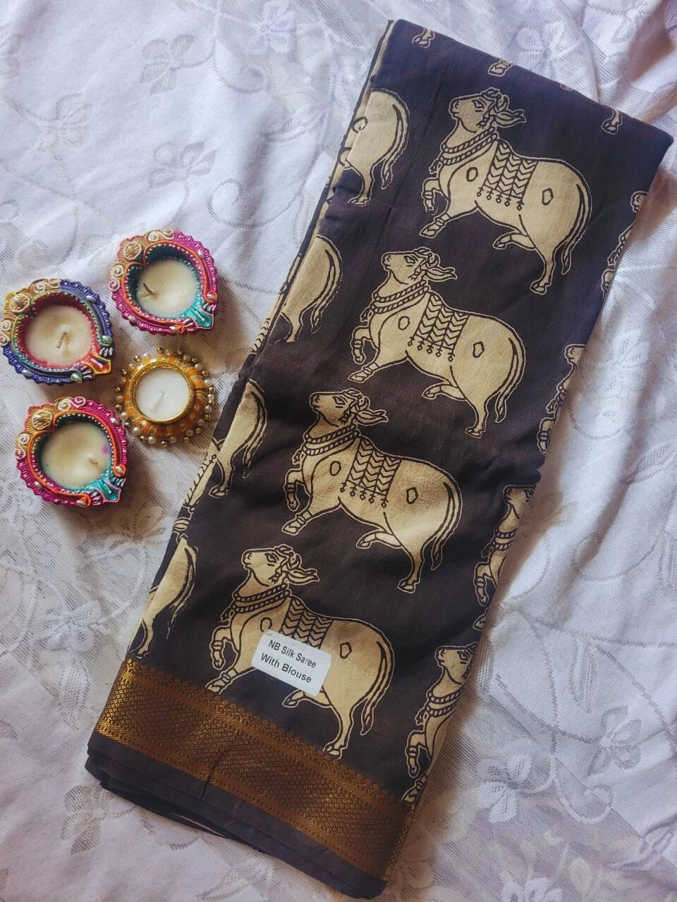 Kalamkari black chennur silk saree with zari border -nandi