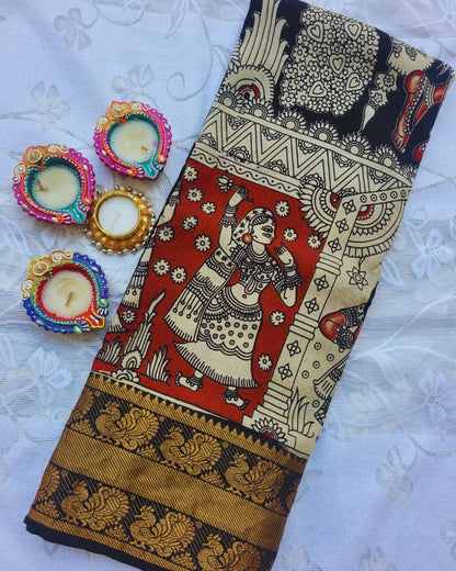 Black Kanchi Peacock Border Kalamkari Screen Printed Chennur Silk saree - Veena