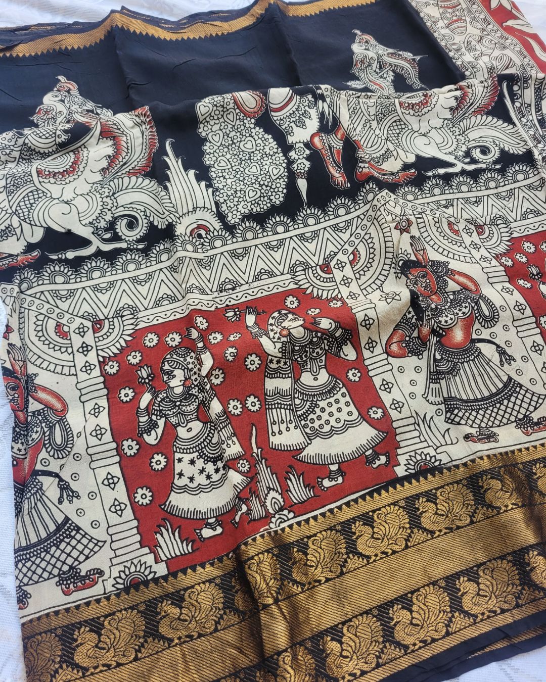 Black Kanchi Peacock Border Kalamkari Screen Printed Chennur Silk saree - Veena