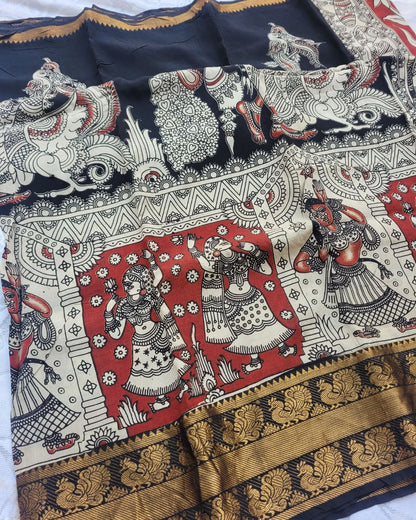 Black Kanchi Peacock Border Kalamkari Screen Printed Chennur Silk saree - Veena