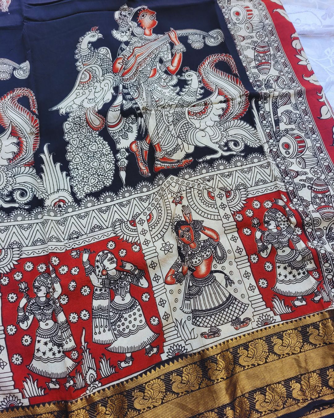 Black Kanchi Peacock Border Kalamkari Screen Printed Chennur Silk saree - Veena