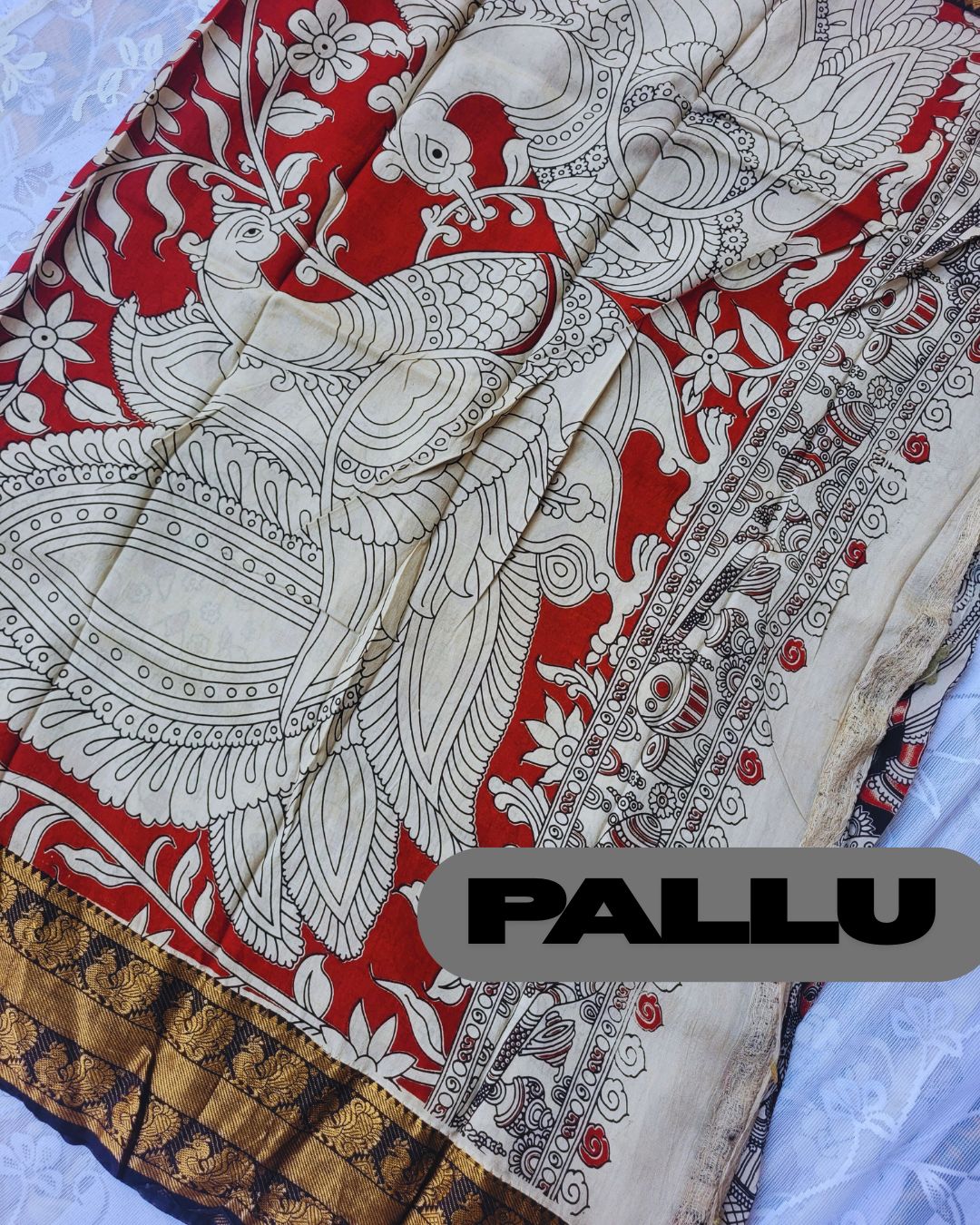 Black Kanchi Peacock Border Kalamkari Screen Printed Chennur Silk saree - Veena