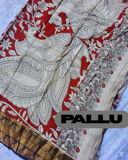 Black Kanchi Peacock Border Kalamkari Screen Printed Chennur Silk saree - Veena