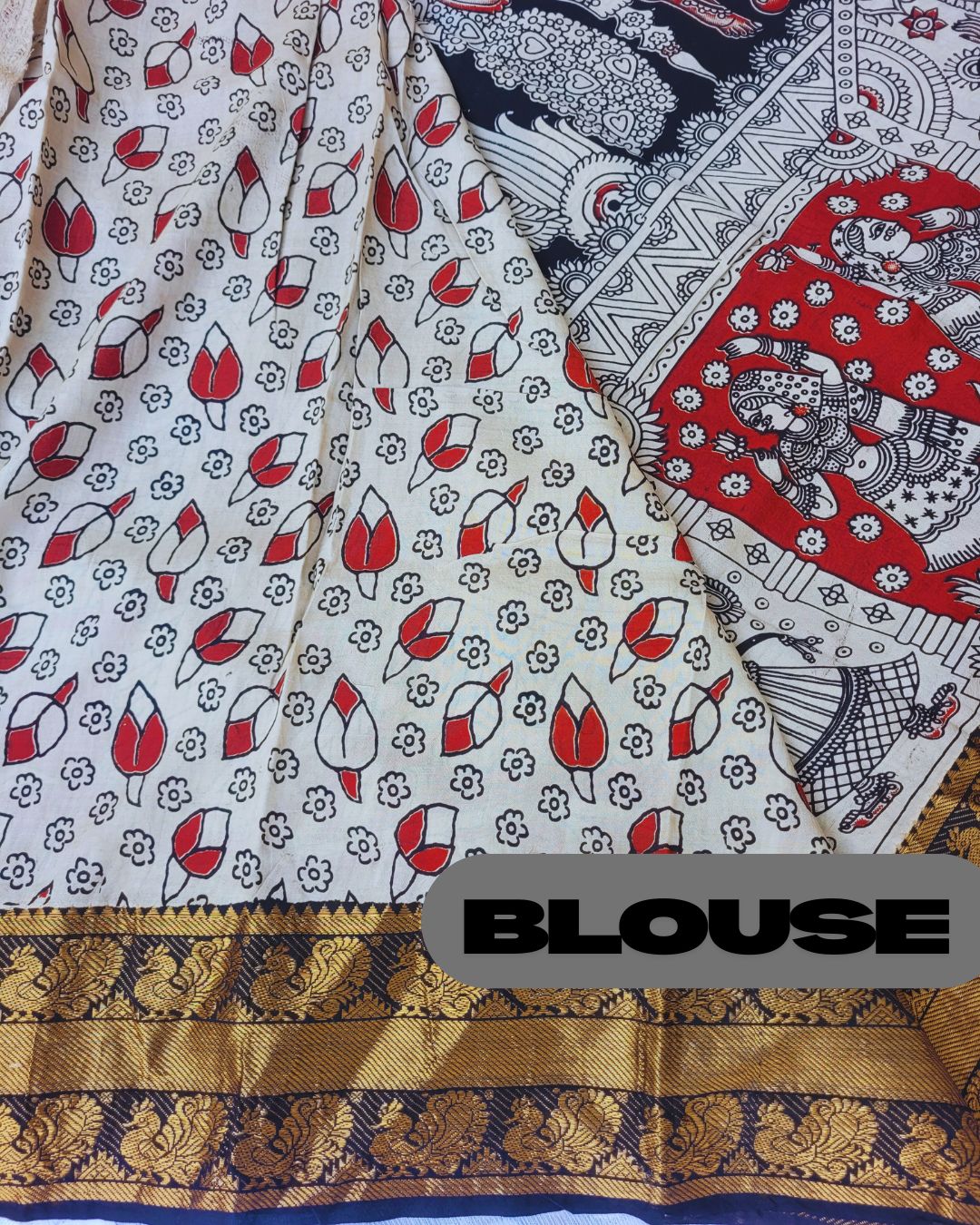 Black Kanchi Peacock Border Kalamkari Screen Printed Chennur Silk saree - Veena