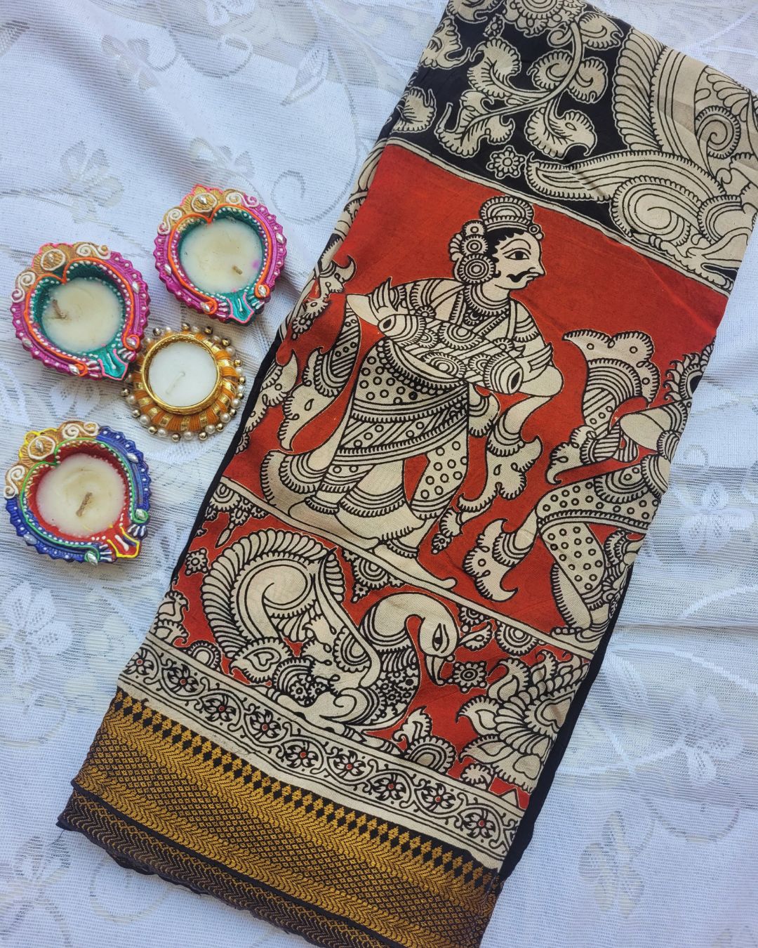Kalamkari zari border Chennur Silk Saree - Ramayan