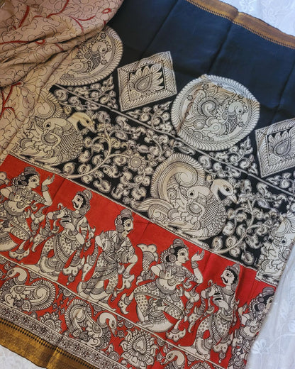 Kalamkari zari border Chennur Silk Saree - Ramayan