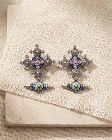 Kamalika Meenakari Cross Drop Earrings