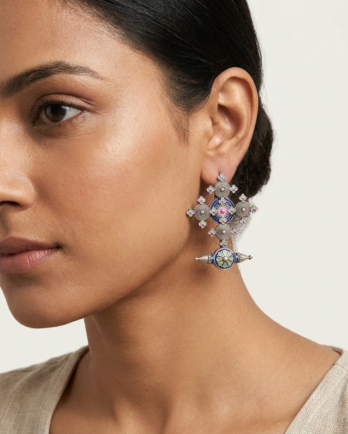 Kamalika Meenakari Cross Drop Earrings