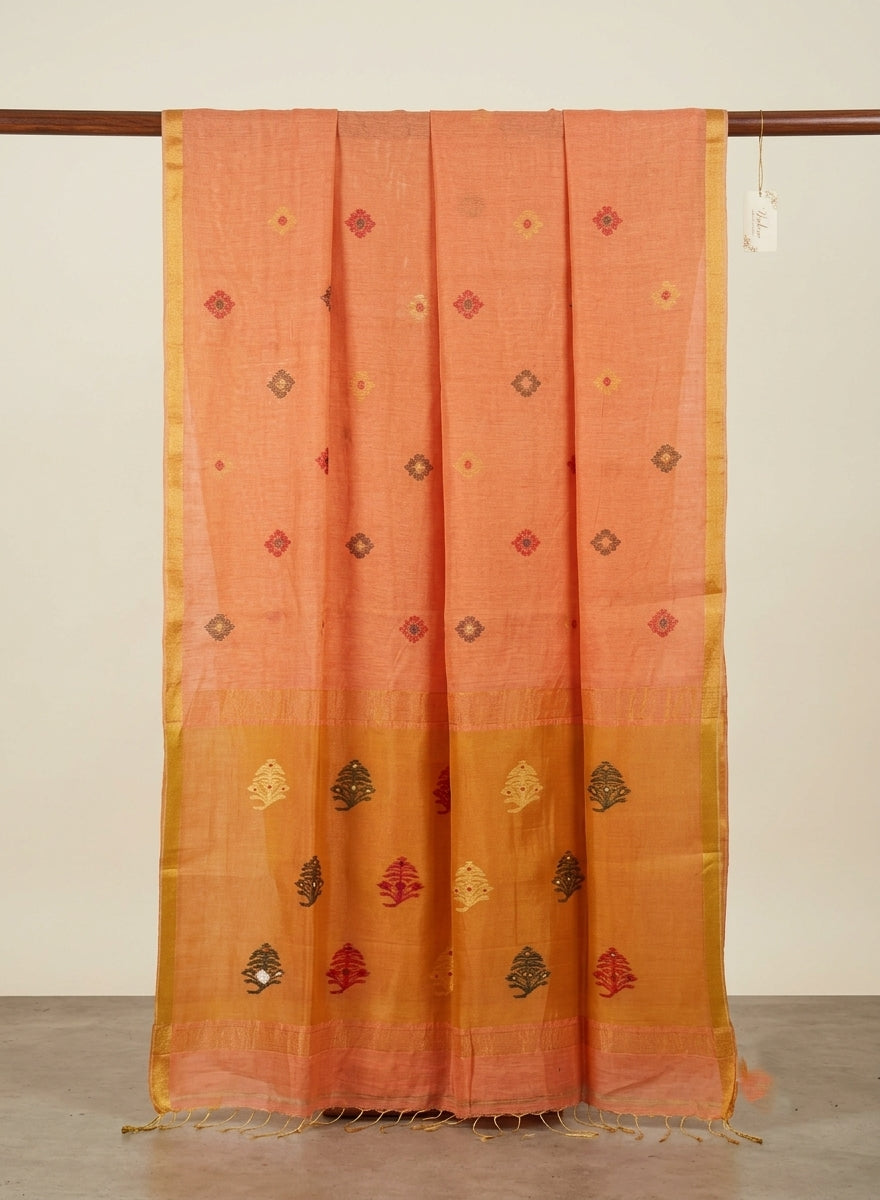 Kesaria Orange Linen Tissue Jamdani Saree