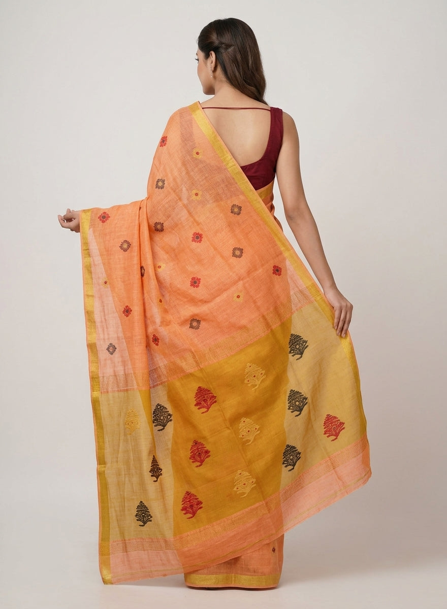 Kesaria Orange Linen Tissue Jamdani Saree