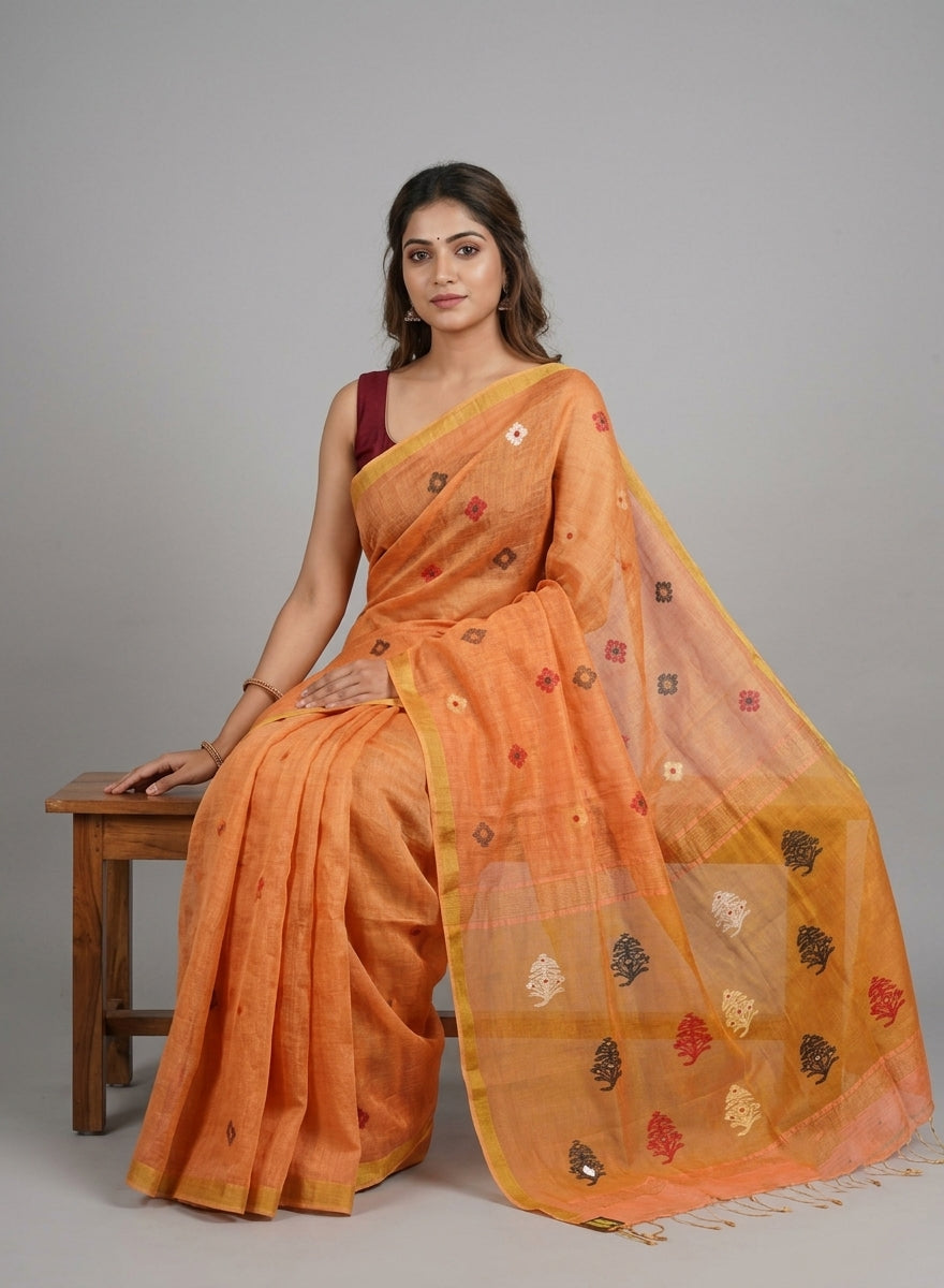 Kesaria Orange Linen Tissue Jamdani Saree