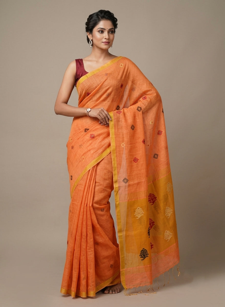 Kesaria Orange Linen Tissue Jamdani Saree