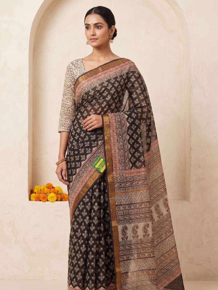 Kota Cotton Saree with Bagru Block Print-Black