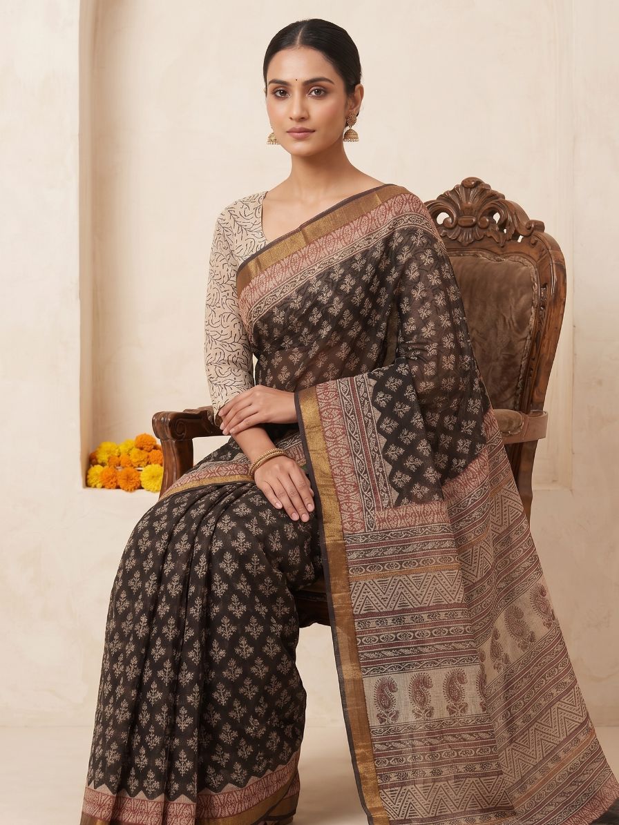 Kota Cotton Saree with Bagru Block Print-Black