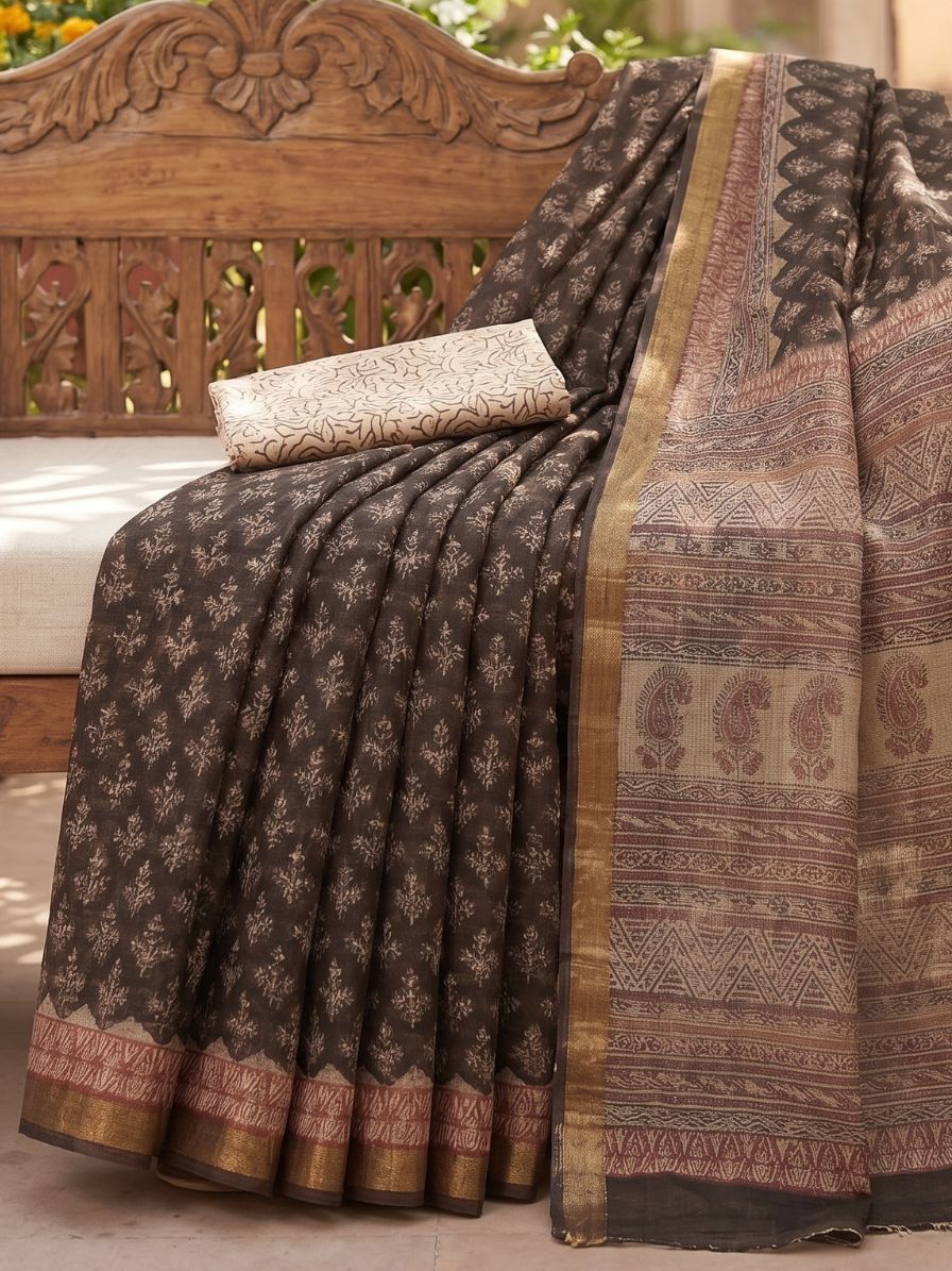 Kota Cotton Saree with Bagru Block Print-Black