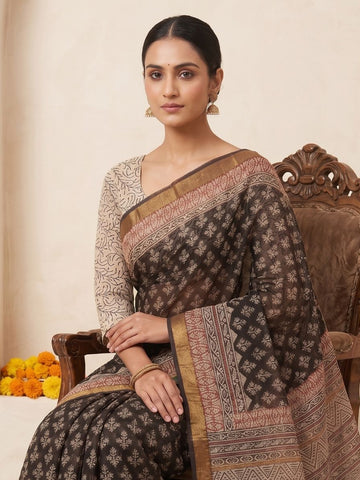 Kota Cotton Saree with Bagru Block Print-Black