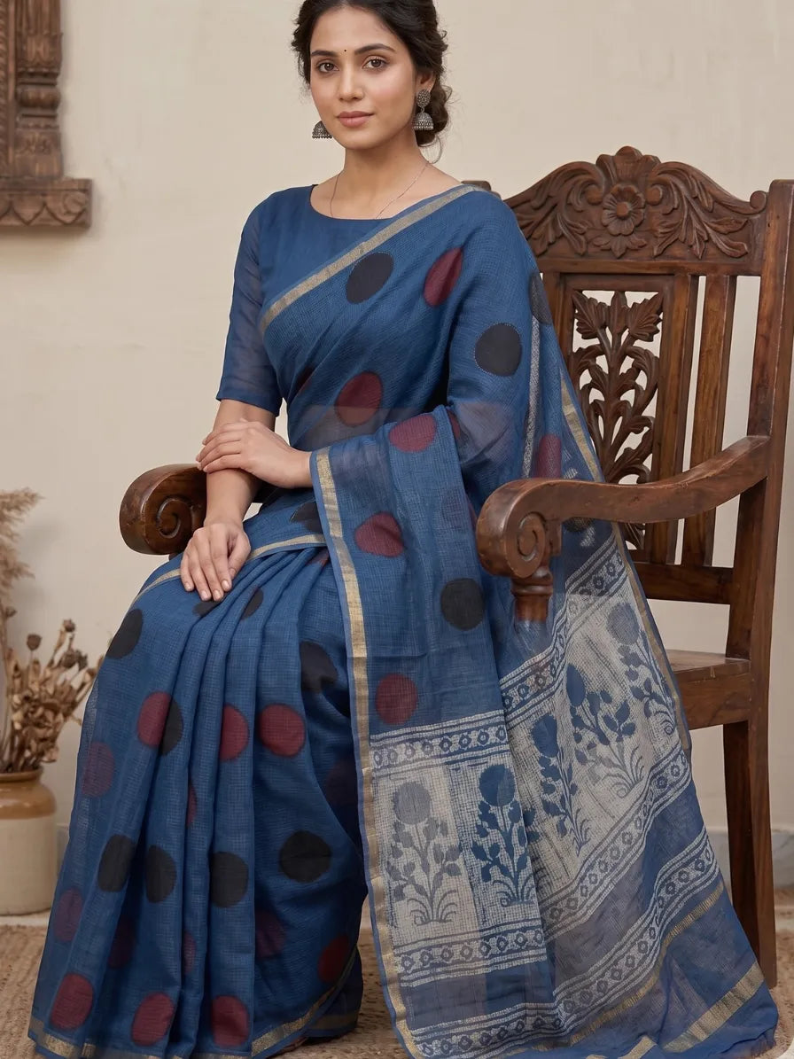 Blockprinted Kota cotton saree - Ajrakh Polka Dot