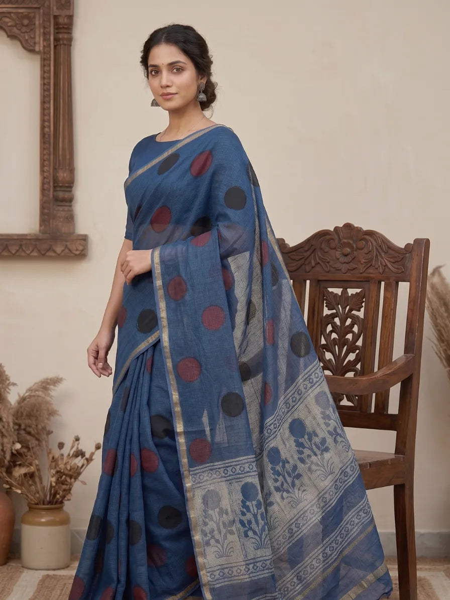 Blockprinted Kota cotton saree - Ajrakh Polka Dot