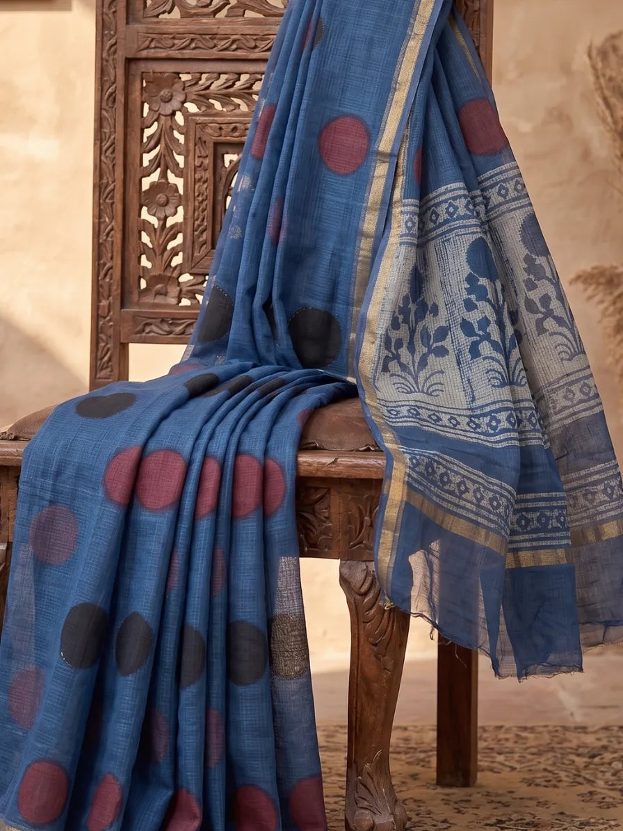 Blockprinted Kota cotton saree - Ajrakh Polka Dot