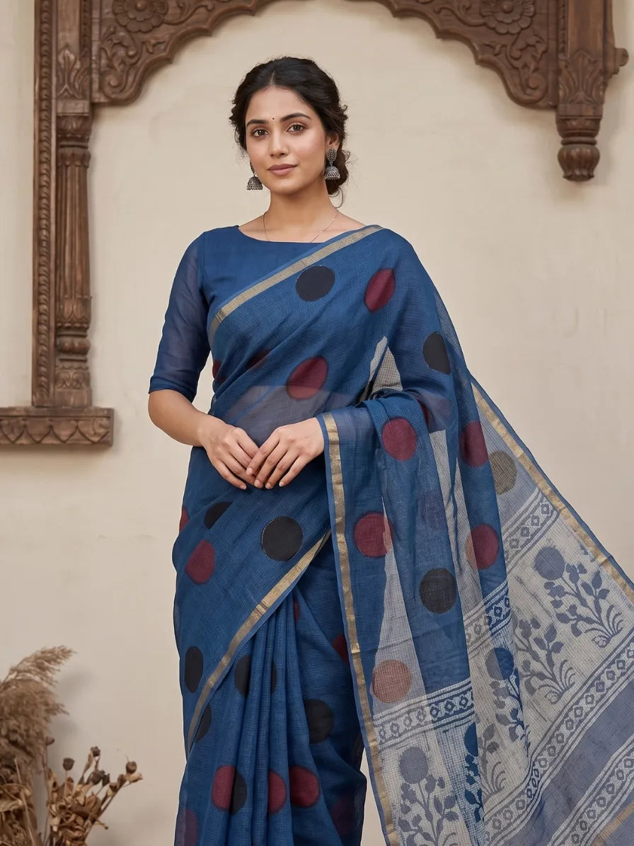 Blockprinted Kota cotton saree - Ajrakh Polka Dot