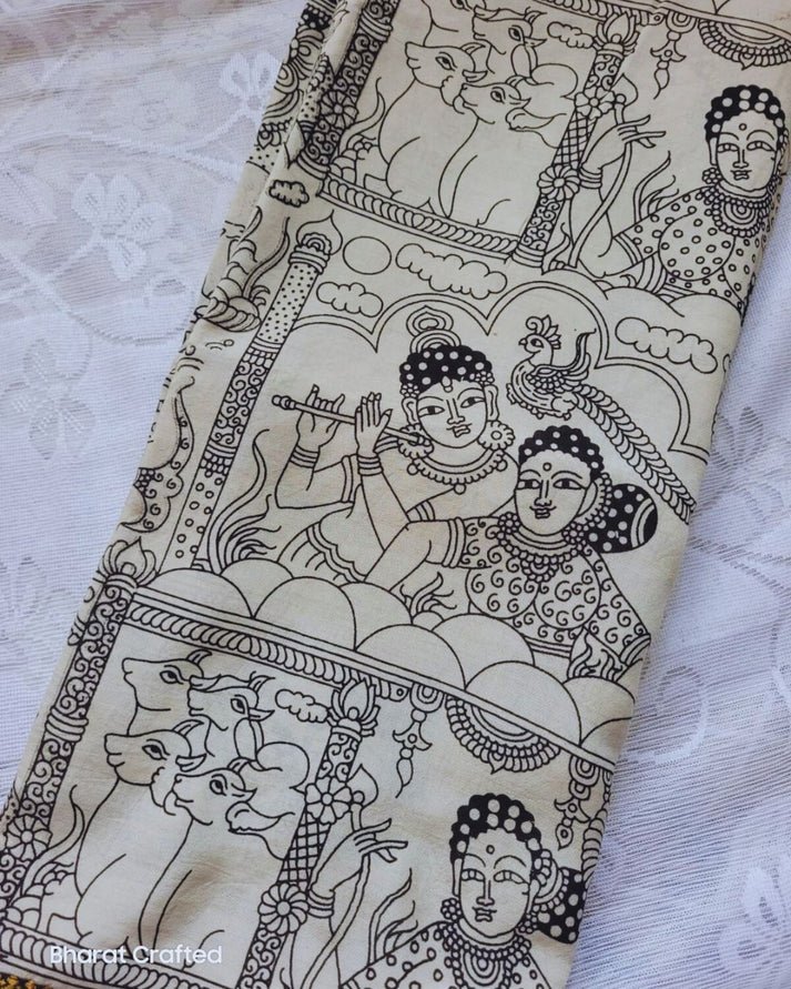 Kalamkari Mangalagiri silk Kanchi border saree- Krishna Leela