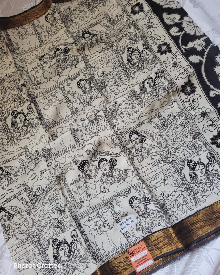 Kalamkari Mangalagiri silk Kanchi border saree- Krishna Leela