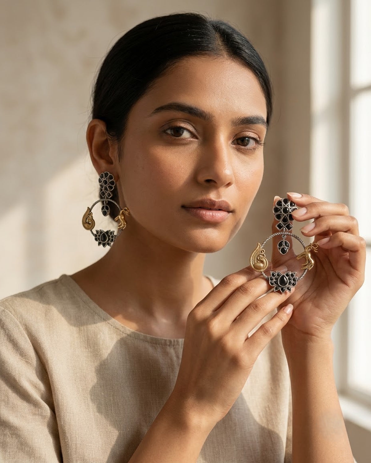 Krishnamriga Deer Lotus Hoop Earrings - Big