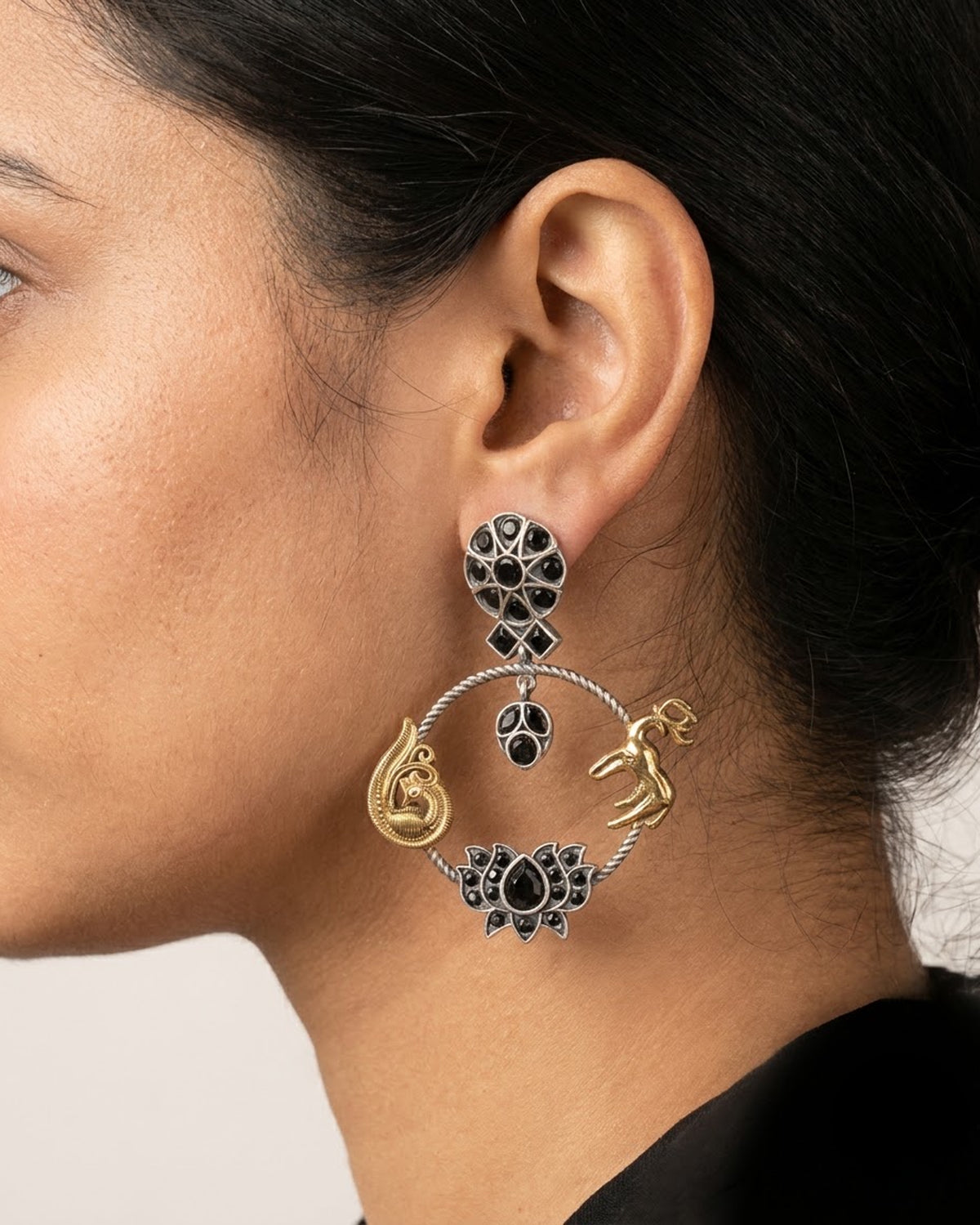 Krishnamriga Deer Lotus Hoop Earrings - Big