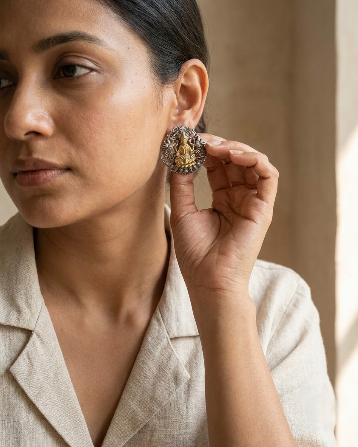 Lakshmi Devi Two-Tone Temple Stud Earrings - Big