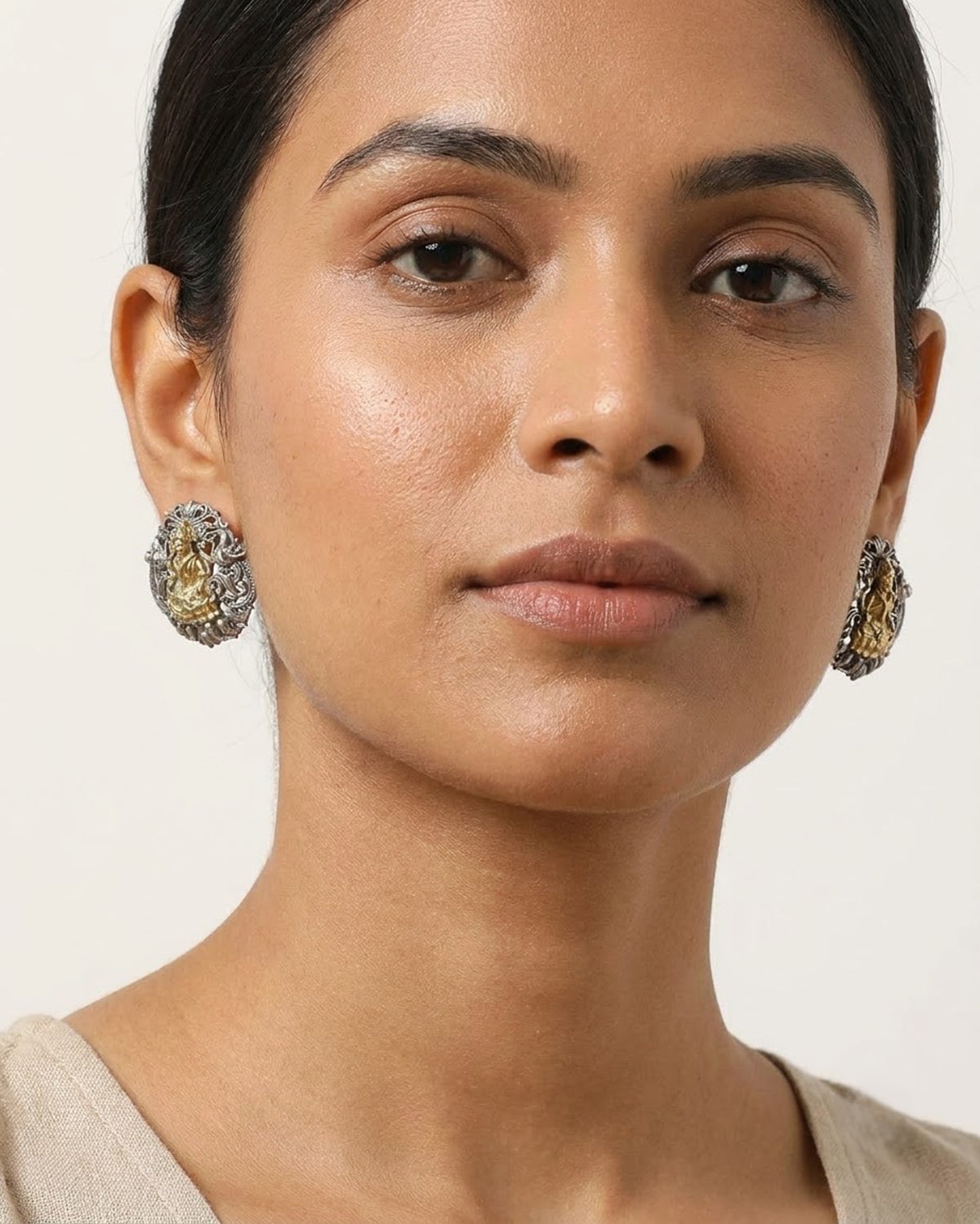 Lakshmi Devi Two-Tone Temple Stud Earrings - Big