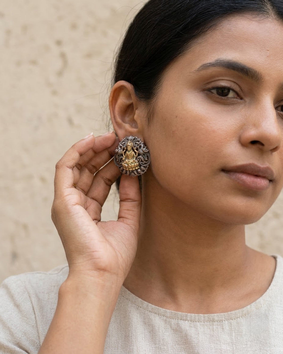 Lakshmi Devi Two-Tone Temple Stud Earrings - Big