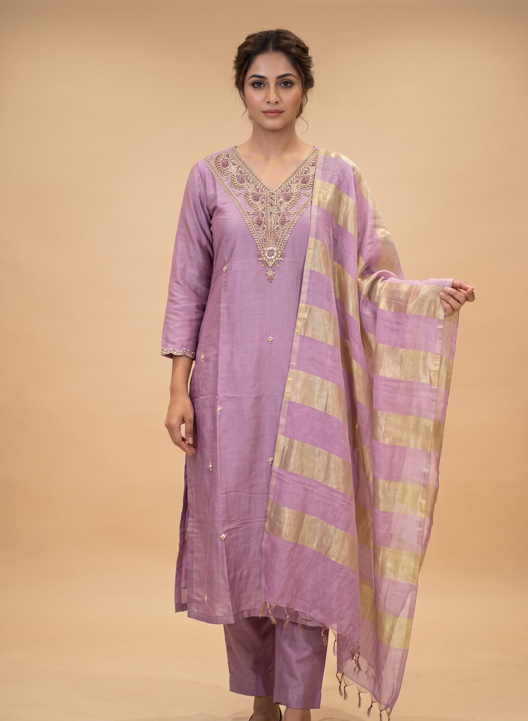 Lavender Chanderi suit set with dupatta - set of 3