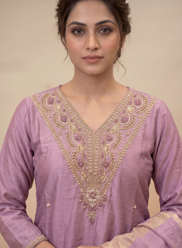 Lavender Chanderi suit set with dupatta - set of 3