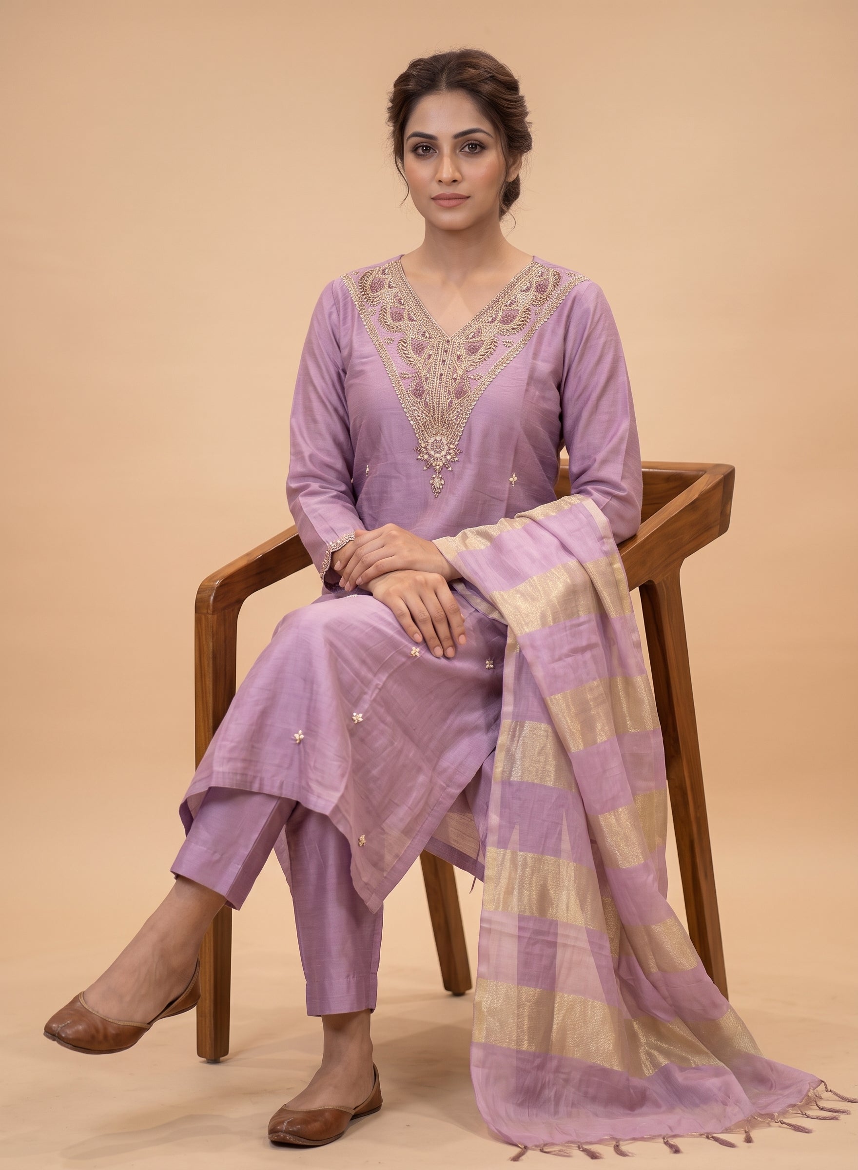 Lavender Chanderi suit set with dupatta - set of 3