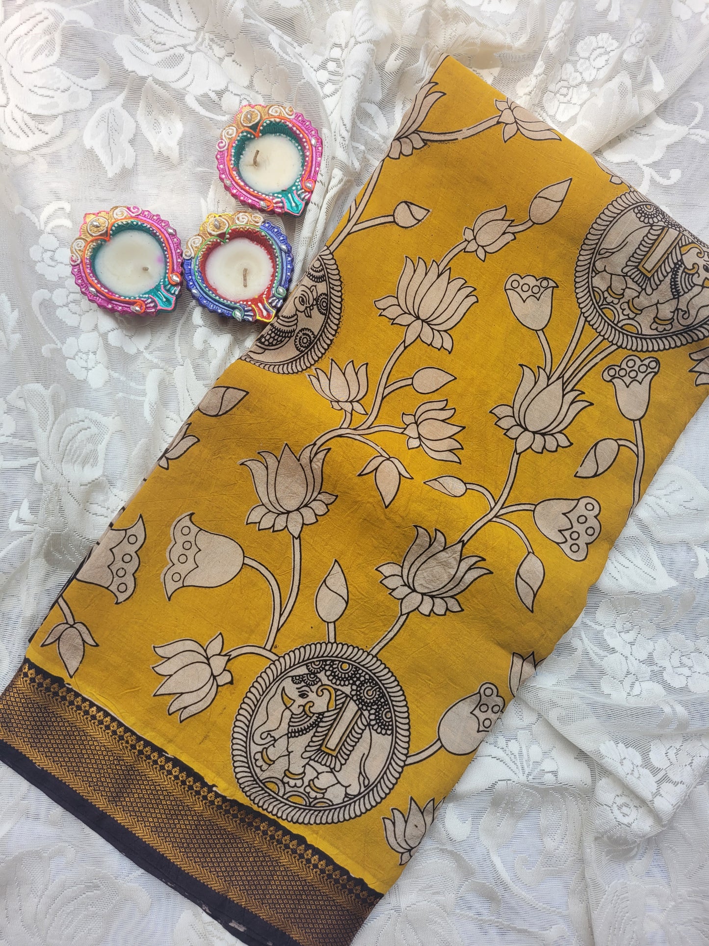 Kalamkari Nizam Border Lemon Yellow Elephant Circle - Camanti