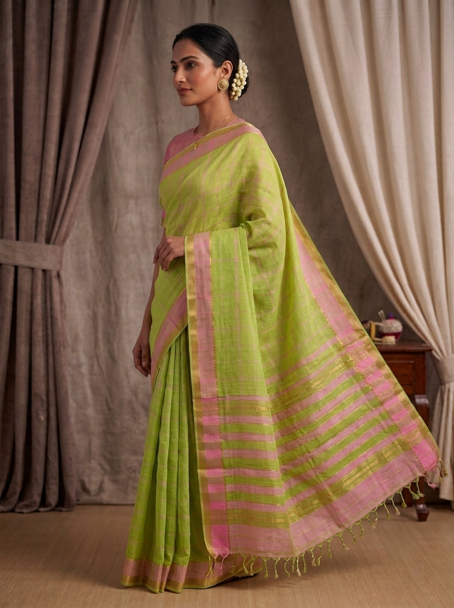 Lime Green Handloom Cotton Saree with Pink Zari Border