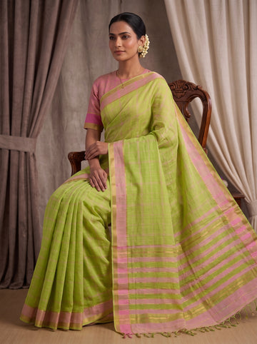 Lime Green Handloom Cotton Saree with Pink Zari Border