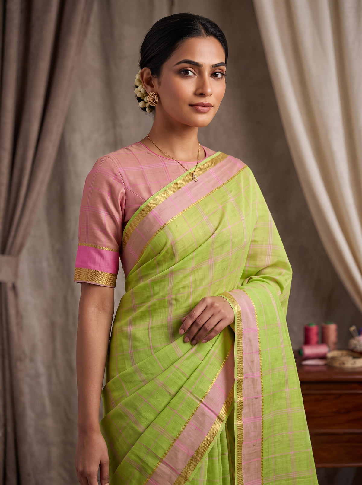 Lime Green Handloom Cotton Saree with Pink Zari Border
