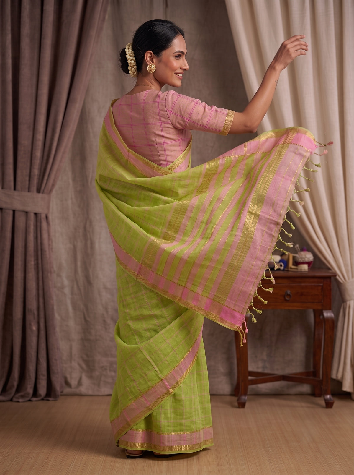 Lime Green Handloom Cotton Saree with Pink Zari Border