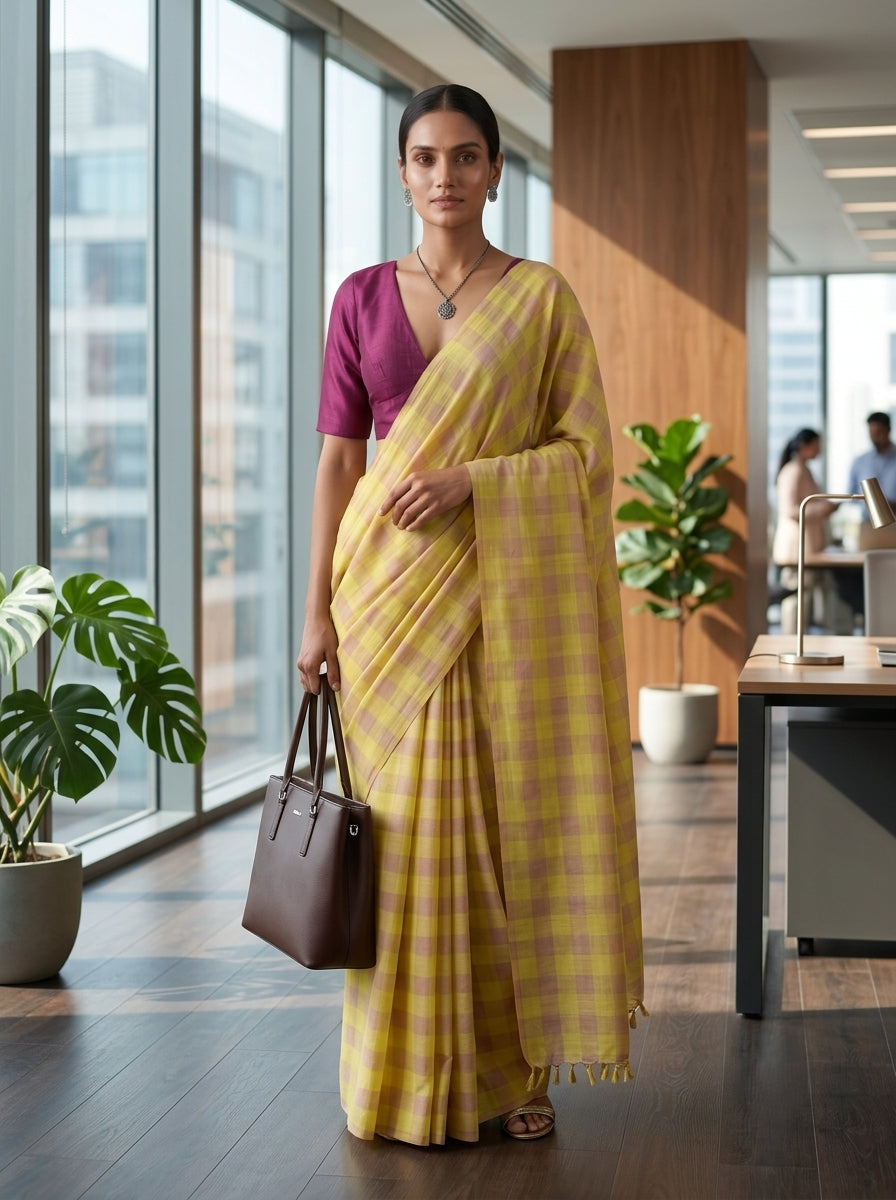 Lime & Lavender Check Bobbili Handloom Saree