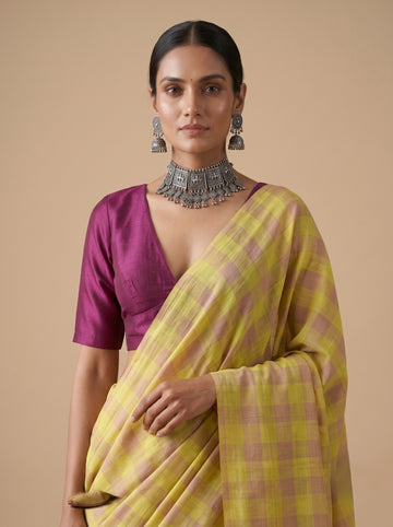 Lime & Lavender Check Bobbili Handloom Saree