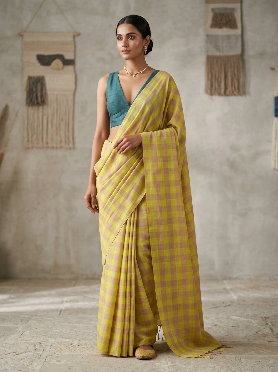 Lime & Lavender Check Bobbili Handloom Saree