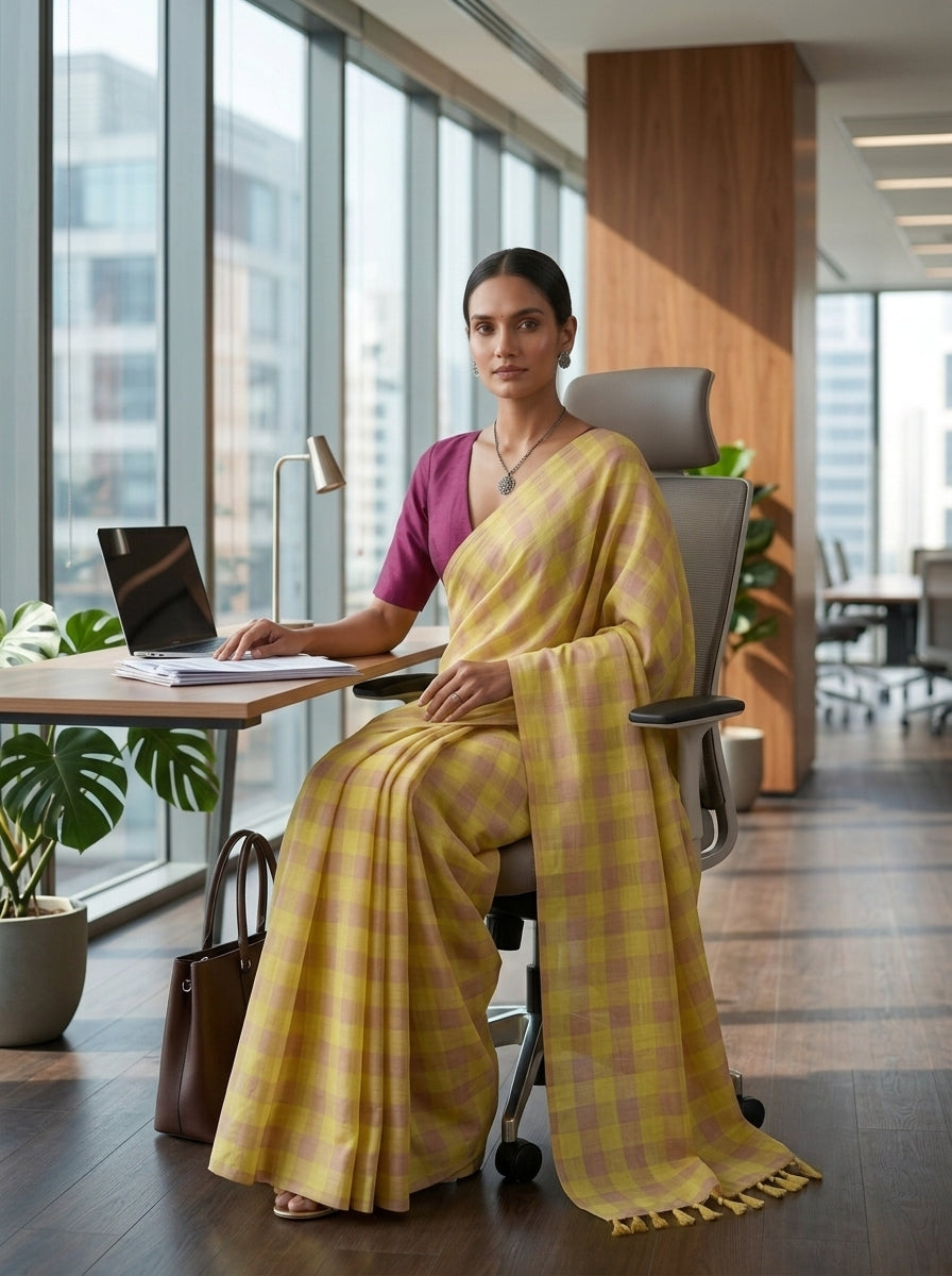 Lime & Lavender Check Bobbili Handloom Saree