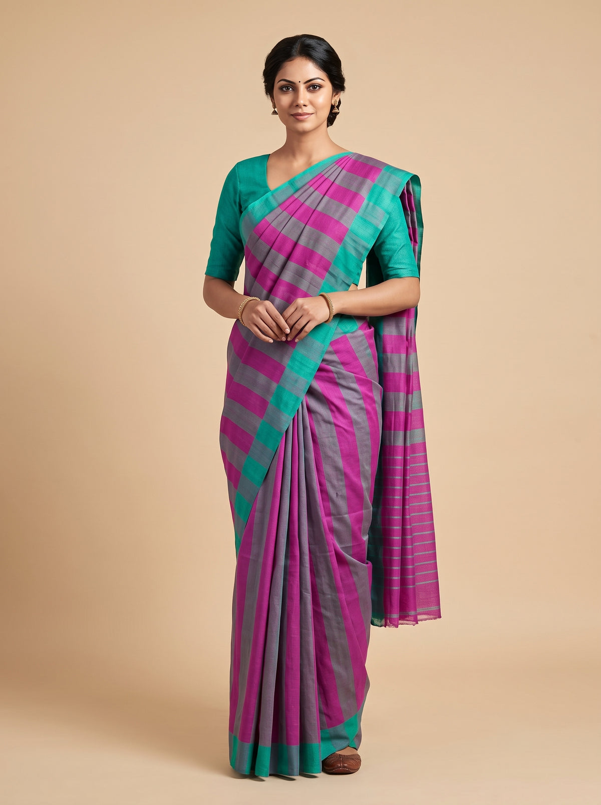 Magenta & Grey Striped Bobbili Handloom Pure Cotton Saree