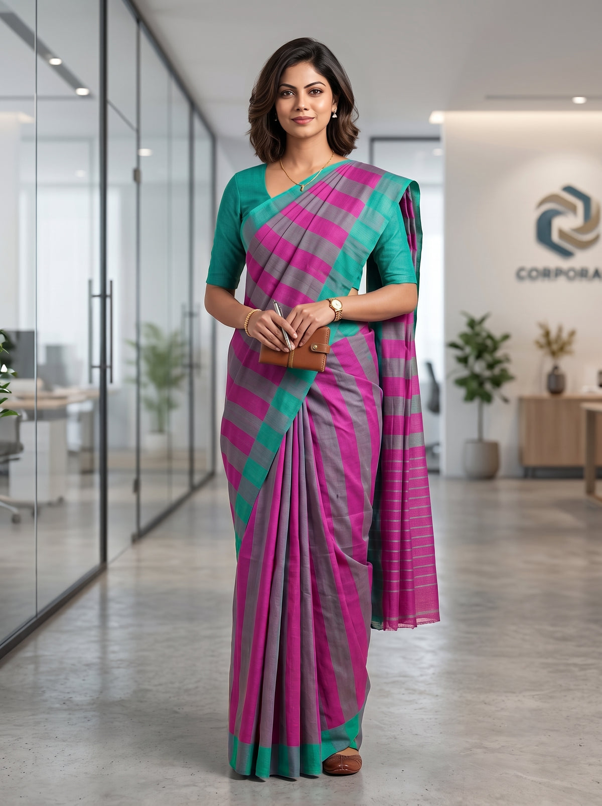 Magenta & Grey Striped Bobbili Handloom Pure Cotton Saree