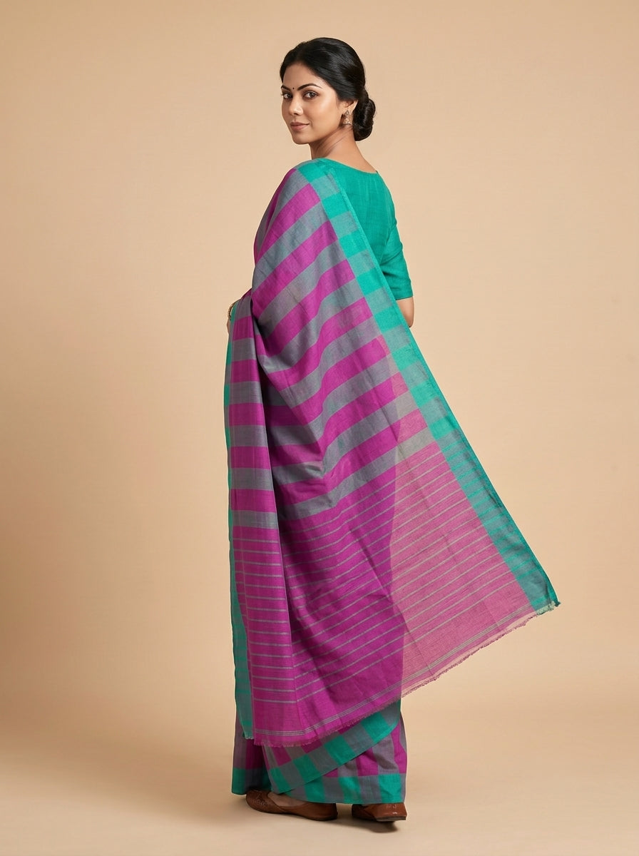 Magenta & Grey Striped Bobbili Handloom Pure Cotton Saree