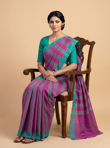 Magenta & Grey Striped Bobbili Handloom Pure Cotton Saree