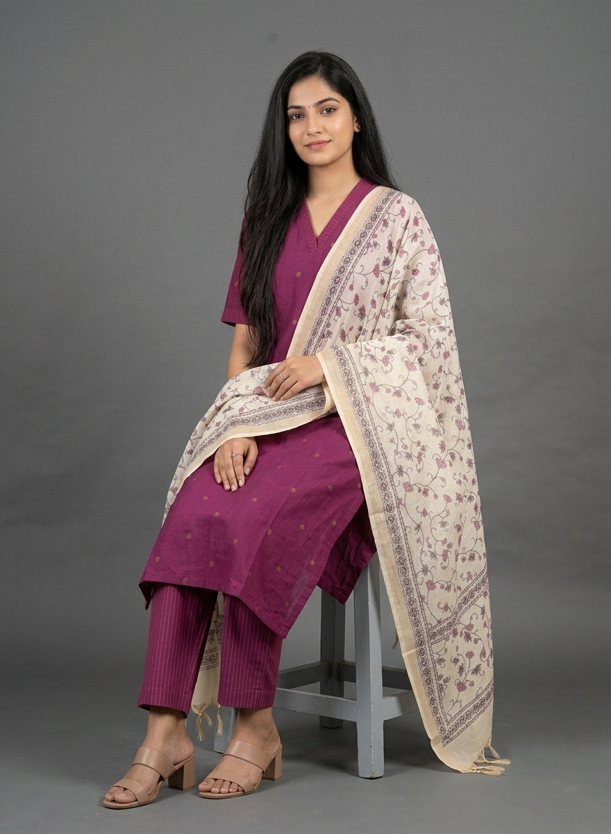 Magenta Butta Jamdani Kurta Set with Kalamkari Dupatta